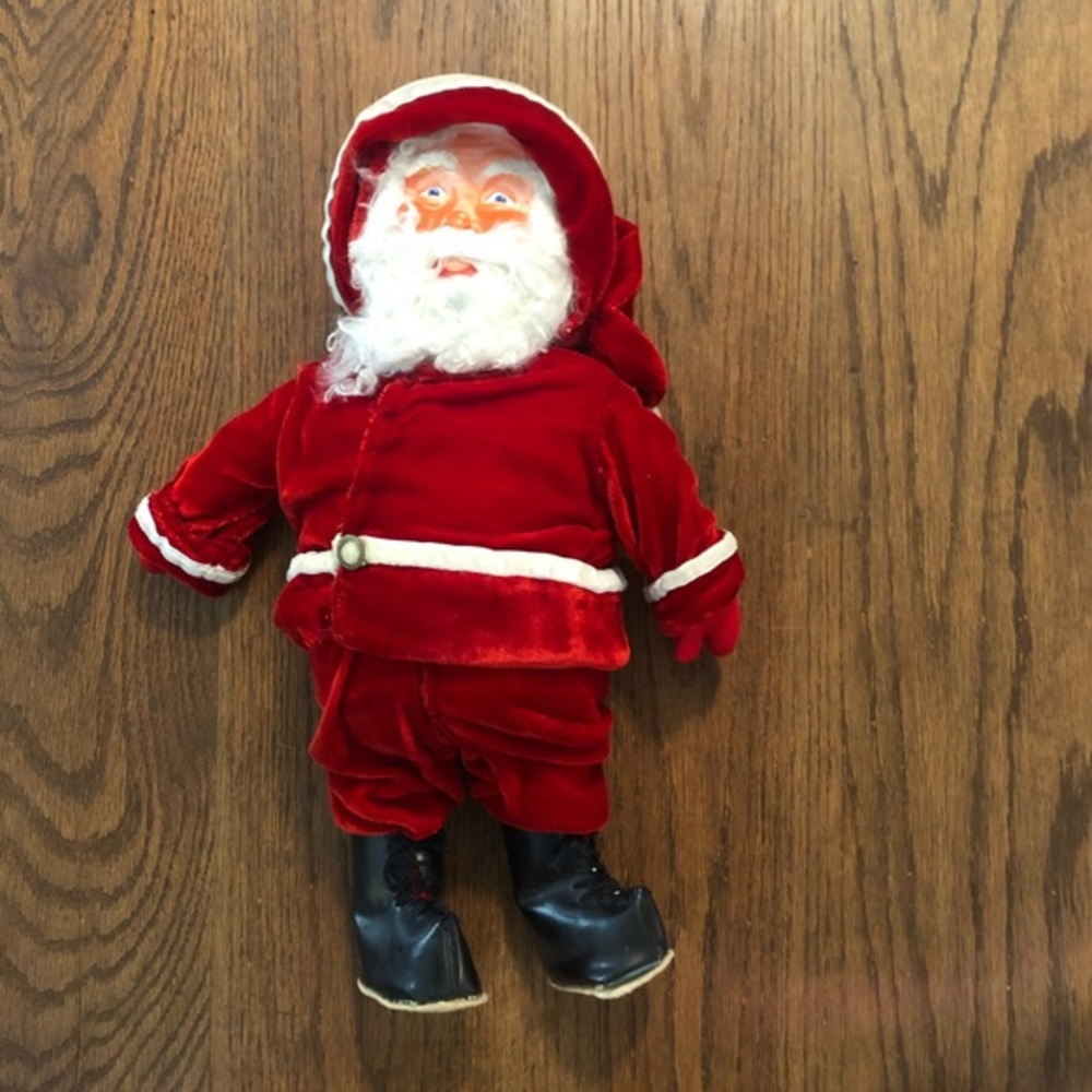 Santa with velour suit!  This may be a homemade Santa.  15 inches tall.